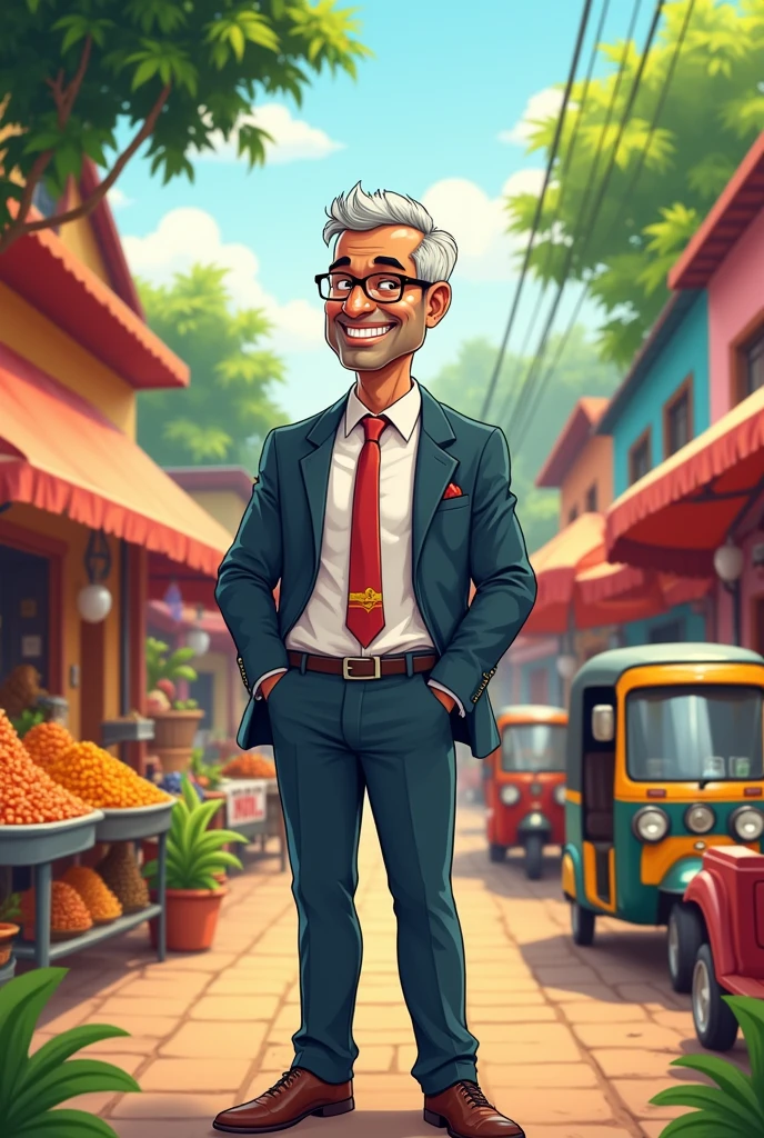 "In a small town in South India, a businessman named Vardhaman ."create a cartoon image of this prompt.