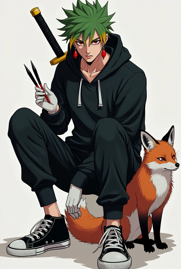 Man with green hair and yellow tips and red eyes with a katana, with a black hooded sweatshirt and soft black pants with white gloves, dark skin tone, but of course, with a psychopathic look, with black and white tennis shoes and 2 small knives, with a fox, with red earrings, anime style 