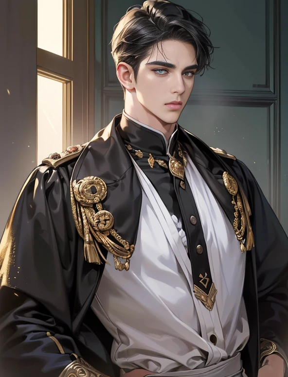 (best quality, masterpiece, 8 thousand, realistic, cinematic lighting, 1:4 HDR images, very detailed, beautiful photoature man, very handsome, ((cold expression)), black short hair, black eye, A perfect face without any mistakes, ((Buttoning loose clothes, chief executive)), (detail gold accessories on clothes)