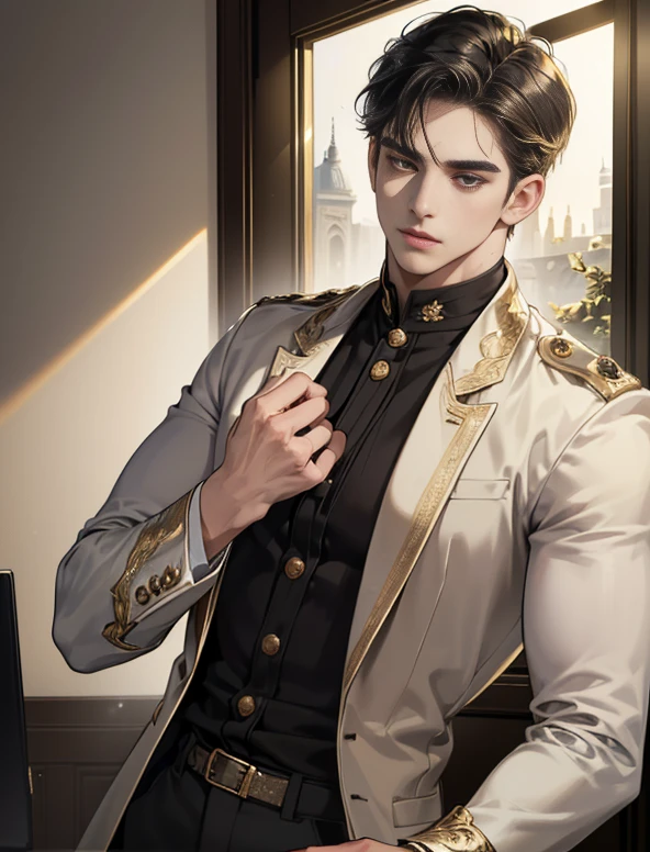 (best quality, masterpiece, 8 thousand, realistic, cinematic lighting, 1:4 HDR images, very detailed, beautiful photoature man, very handsome, ((cold expression)), black short hair, black eye, A perfect face without any mistakes, ((Buttoning loose clothes, chief executive)), (detail gold accessories on clothes)