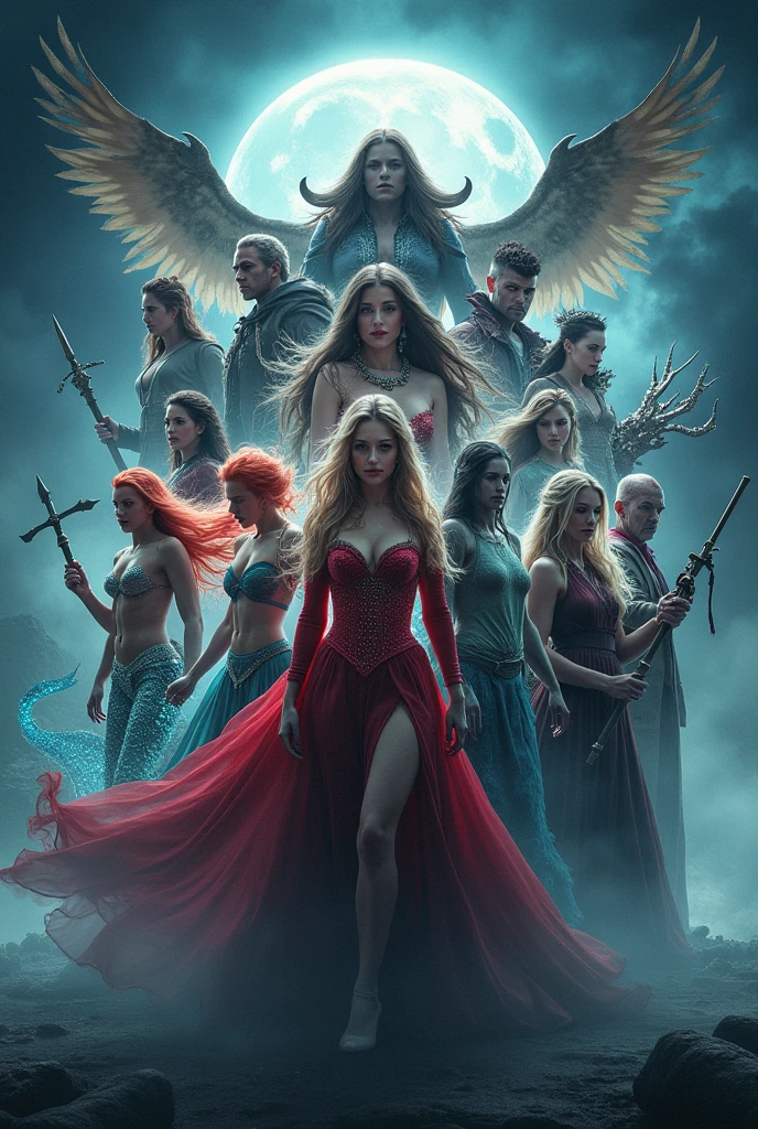 Cartoons of mythical beings: mermaids and sirens,hadasy hados,Vampires ,zombie and demons ,and wizards on a movie poster that says fantasy team I want the characters of different genders