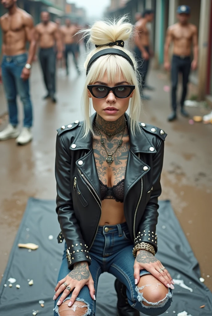 Anglosaxon old milf woman, , blonde platinum hair (beehive bun, black parsley headband), with very light green eyes, extremely pale. Long and thin neck.melt vanilla ice cream on her face, cleavage and lap.Wearing oversized square black maxisunglasses Wearing studded thick cropped black moto jacket (verical zippers on the sides). Black lace push up bra, dark blueskinny, tight low rise jeans (holes in knees). Silver Chelsea boots with cuban heels. Lots of thick wide studded bracelets, chain collars and big rings. Tacky wide studded leather belt, with big skull and bones round buckle. Long earrings with chains. Squatting on a large torm, dirty usa flag, looking at the photographer. Craving heavily. Hands on knees. Waste and trash all over the floor. Her studded leather bag, thron away. Looking at the camera, chin up. Toned abdominals, thin neck, slim legs and thin arms. Neck, chest, belly, hands and arms completely tattoed. Dirt road of Nairobi after the rain, crowded with muscular shirtless men in jeans, street full of puddles and garbage. Her studded black leather bag is a few metres behind her