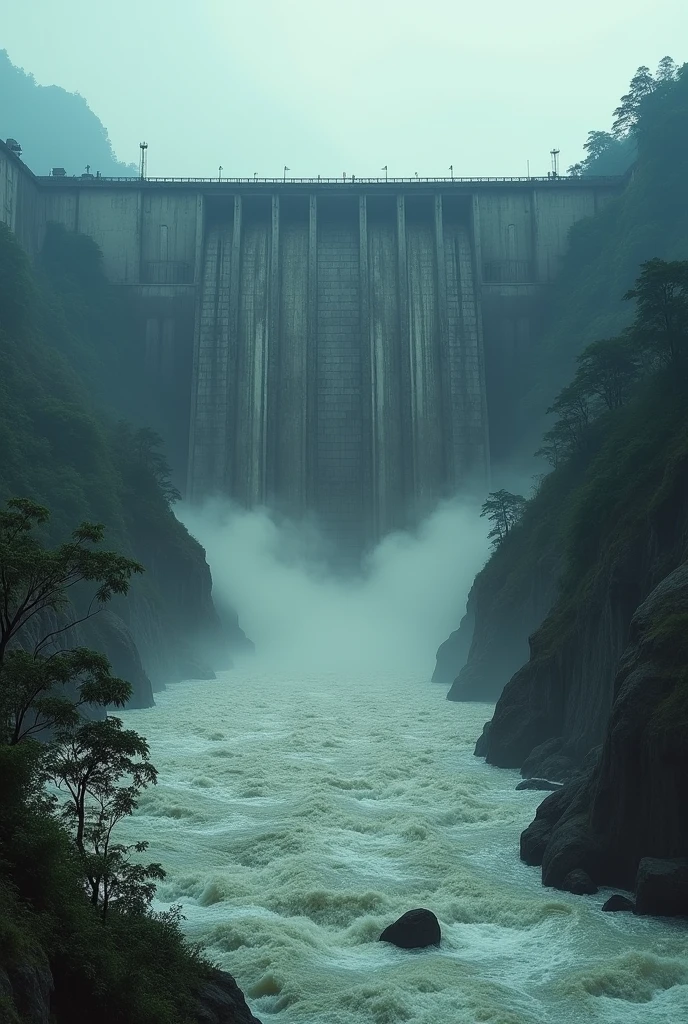 A foreboding image of a towering dam in India, its waters swelling menacingly. The immense structure looms ominously against the sky, its concrete facade cracked and weathered. The rushing waters below hint at the power held back by the dam, ready to burst forth at any moment. This haunting photograph captures the tension and fragility of human-engineered structures against the forces of nature, showcasing the delicate balance between control and chaos in a single frame.