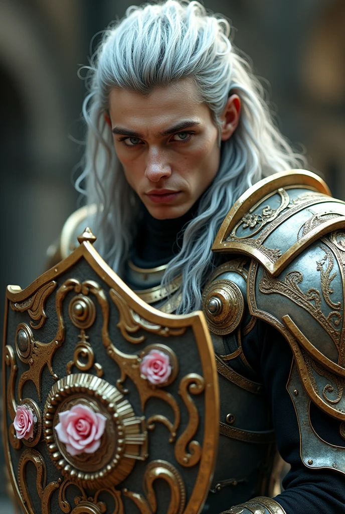 Surreal Very detailed Ultra Fantasy Ultimate Details Ultra-high resolution 8K 32k 3D Clear Eyes Silver髪 On his left hand、He has a beautiful medieval shield. mechanical engineering Mechanic Art intricate and elaborate design, money, Silver Dynamic pose Robotics Cinema Lighting In the shield【Roses】The character is inserted.