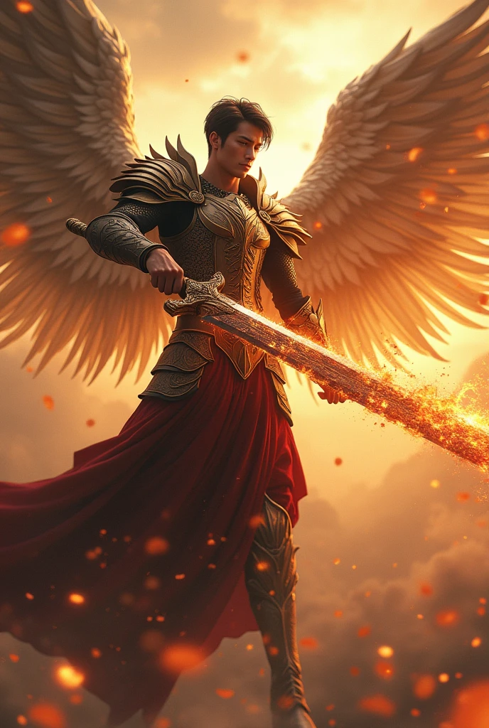 masterpiece, best quality, realistic, ultra detailed, movie poster style, dungeons and dragons character design, celestial, bruneian man with round face, muscular, fashionable dark hair, white angel wings, sexy heavy armor, flying mid-air, dramatic slashing with flaming sword towards camera, god rays, dramatic shadows, perfect fingers, perfect hands, perfection