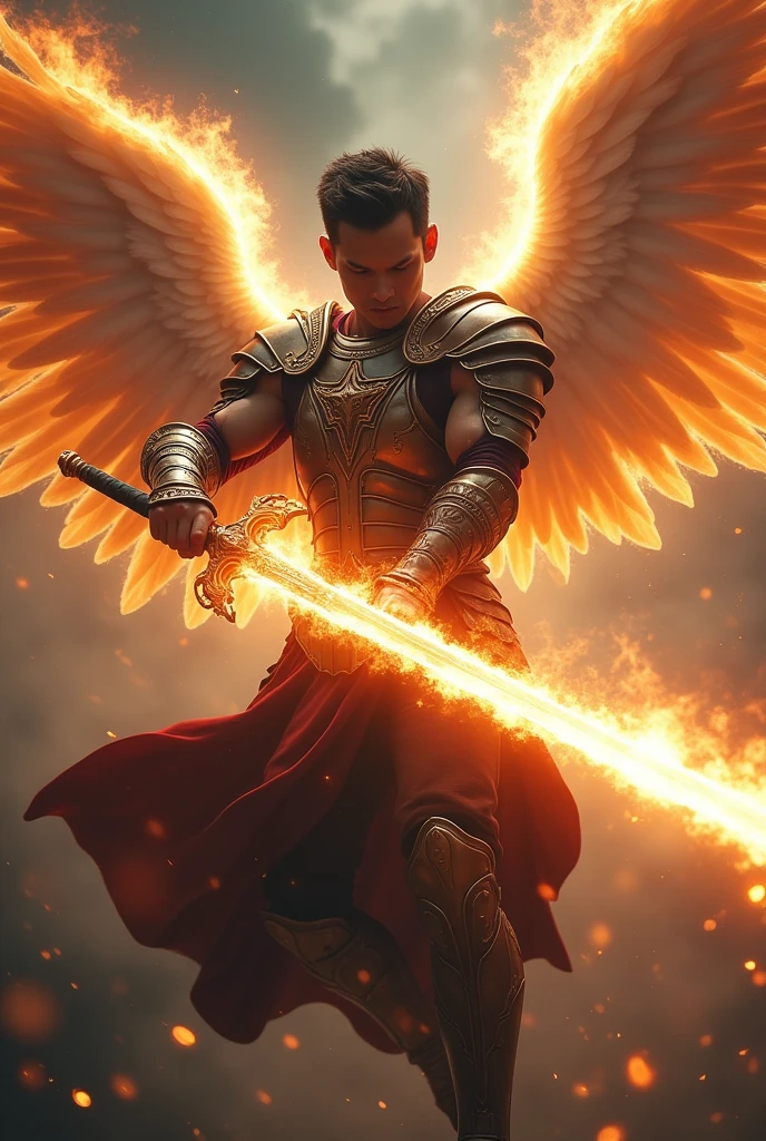 masterpiece, best quality, realistic, ultra detailed, movie poster style, dungeons and dragons character design, celestial, bruneian man with round face, muscular, fashionable dark hair, white angel wings, sexy heavy armor, flying mid-air, dramatic slashing with flaming sword towards camera, god rays, dramatic shadows, perfect fingers, perfect hands, perfection