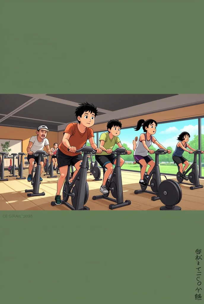 Cartoon,From yowamushi pickup, Published Artworks, Propaganda Art,there are many people on exercise bikes in a 健身房,background a gym, hedonic treadmill, healthy, Plenty of light, Natural soft lighting,