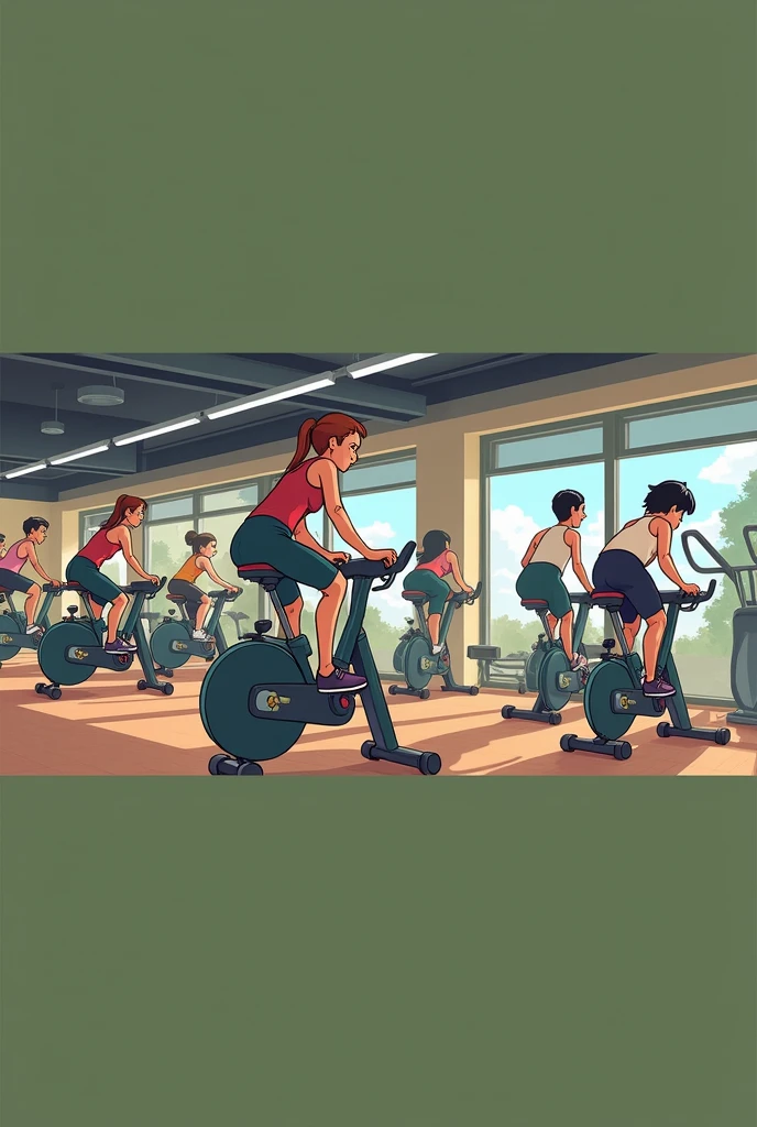 Cartoon，From yowamushi pickup, Published Artworks, Propaganda Art，there are many people on exercise bikes in a 健身房，background a gym, hedonic treadmill, healthy, Plenty of light, Natural soft lighting,