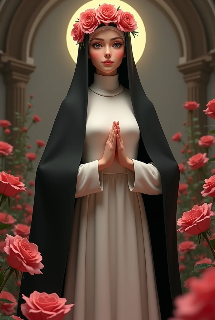 Animated Santa Rosa de Lima add a black cloak, put more roses on her, put a white dress and a black cloak on her like a nun, put a headband of roses on her, make her more adult, MORE SERIOUS AND SHE LOOKS MORE LIKE A NUN, FRIEND, NOT SO SERIOUS, not so young, like a teenager, and with more roses and she looks like a nun
