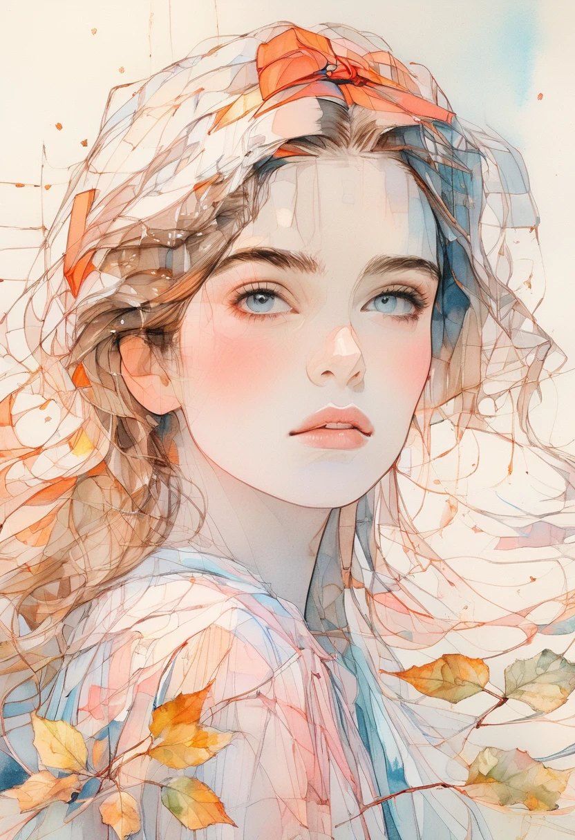 (Highest quality:0.8), (Highest quality:0.8), Perfect illustration((masterpiece, Highest quality)),(8k, Highest quality, masterpiece:1.2),(Highest quality:1.0), (Ultra-high resolution:1.0), watercolor, Beautiful woman, shoulder, Hair Ribbon, Agnes Cecil, Portraiture, Very bright and luminous design, pastel colour, (ink:1.3), Autumn Light,
