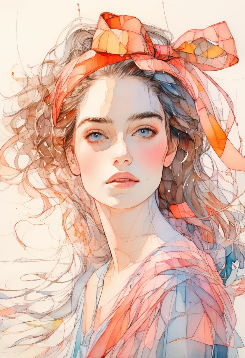 (Highest quality:0.8), (Highest quality:0.8), Perfect illustration((masterpiece, Highest quality)),(8k, Highest quality, masterpiece:1.2),(Highest quality:1.0), (Ultra-high resolution:1.0), watercolor, Beautiful woman, shoulder, Hair Ribbon, Agnes Cecil, Portraiture, Very bright and luminous design, pastel colour, (ink:1.3), Autumn Light,