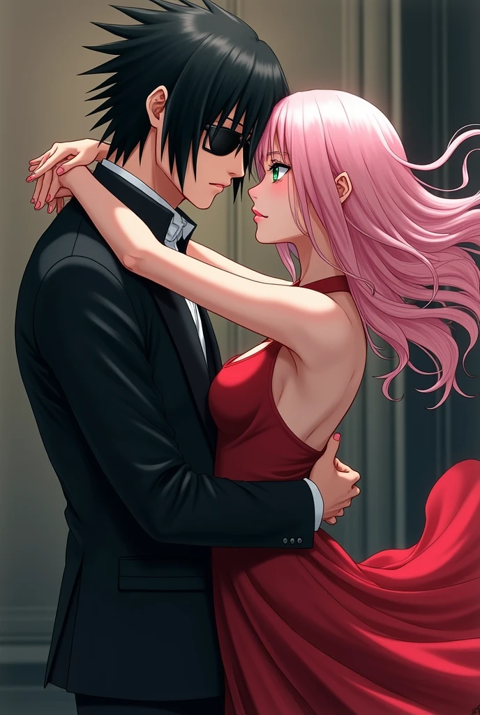 Sasuke Uchiha a 30 year old man with black eyes and hair wearing an eye patch and wearing an elegant black suit hugging and staring at Sakura Haruno a 20 year old girl with long light pink hair and jade green eyes wearing a long elegant red dress looking forward