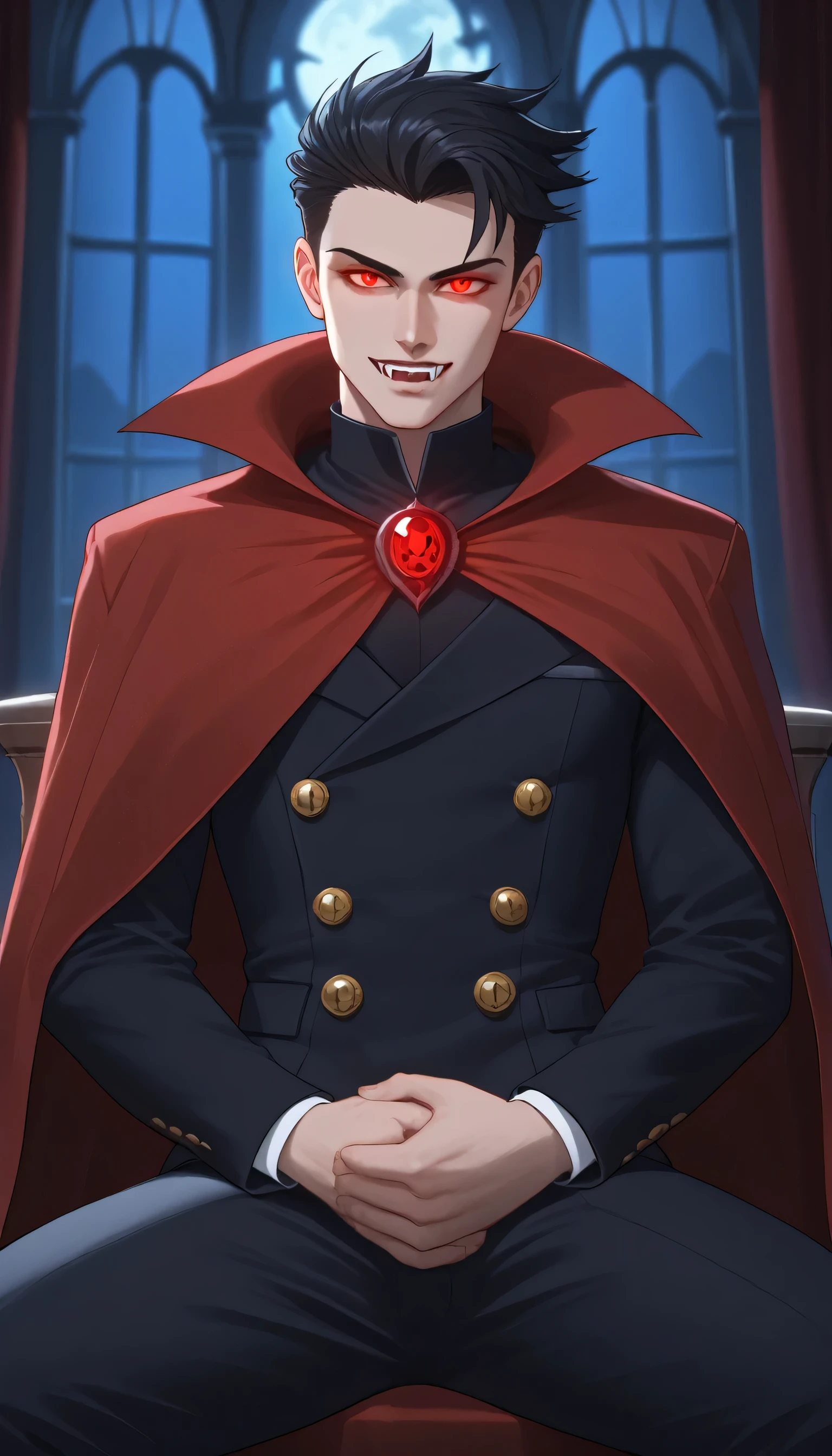 dark, moonlight, night vibes, (((1man, man, solo, comma haircut))), (red eyes, beautiful detailed eyes, glowing eyes, (predator pulils)), vampire, vampire fangs, fangs, solo, looking at viewer, black hair, in castle, black suit, red cloak, sitting, sitting on thorne, upper body, cowboy shot 
