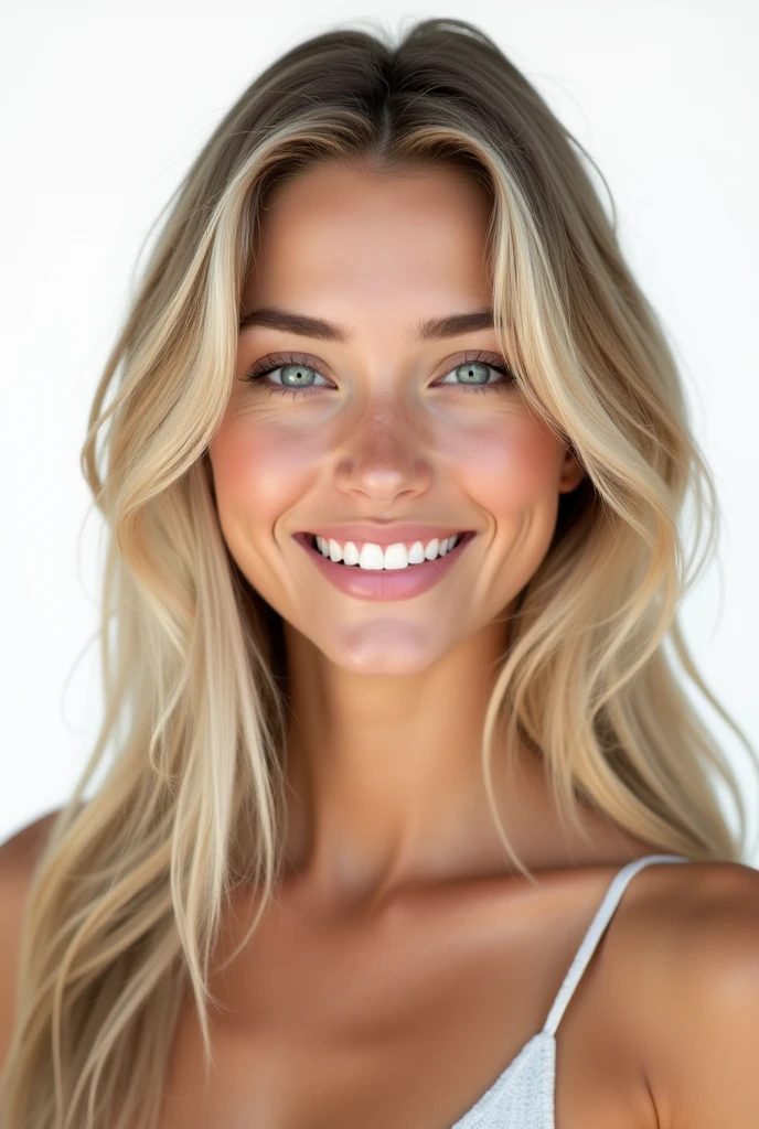 Belle fille de 20 ans, realistic, long hair, blond clair, blue eye, souriante, dent blanche, smooth hair, très realistic, cheveux très très plat, photo identité, sur fond png, mega realiste