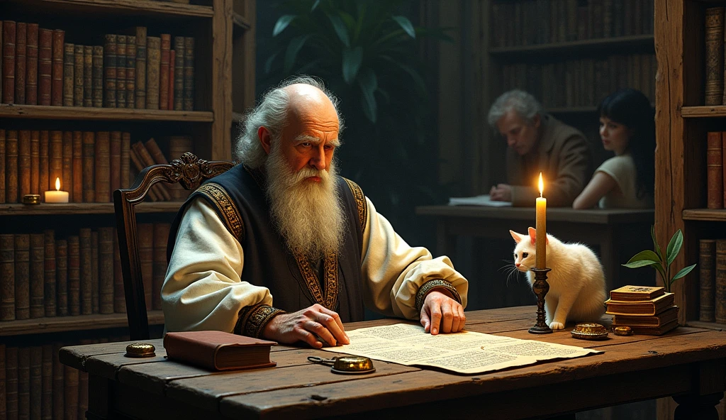 Michel Nostradamus in a temple on a table full of books from his time with a candle and a cat on the table, behind a bookshelf full of books and some plants, in addition to placing 2 person with him