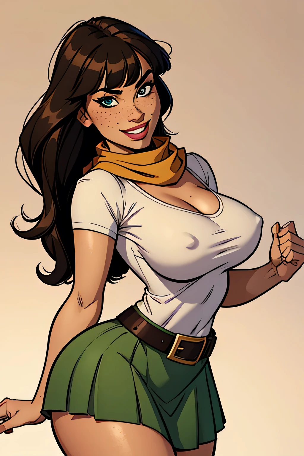 Thin woman (Jezebel Jade), age 25, 4K (High definition), mysterious smile, seducing gaze, eyes browns, wearing a beige boat neck t-shirt (with ruffles) and long green skirt with brown belt and side zipper, arms positioned at the side of the body, brunette skin, black hair long (with bangs, wearing a scarf), upper body, full of curves with freckles on her chest and neck, round breasts. High-quality Marvel style, white background.