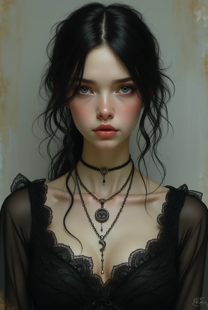This image shows a portrait of a young girl with delicate features and a serious expression..
He has black hair, slightly wavy and loose, with some strands falling around her face. His skin is clear, with subtle freckles on the cheeks, and his eyes are a clear and penetrating shade of grey. She is dressed in a black blouse , probably lace, which gives it an elegant and antique touch. She has large breasts that can be seen through the neckline of her blouse. . She wears a necklace with a snake-shaped pendant., and another finer one, *artistic or conceptual portrait.*
