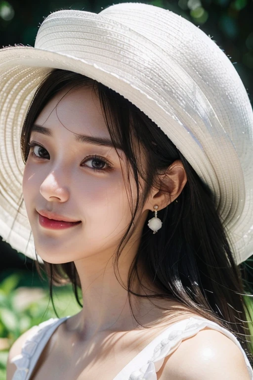 (22 year old Japanese beautiful girl,), (Small breasts:1.5,),(solo,Textured skin, Detailed skin,Detailed face,Detailed eyes,detailed posing,Natural eyebrows,High detail, Highest quality, Super detailed, Surrealism, ,8k,RAW Photos,Photographicism,Professional Lighting,Ray Tracing,Aperture F1.2,Portrait Photography,Natural Light),(((Black Hair, Natural Makeup,Simple earrings,Medium Hair, smile,White dress,white big hat))),(((Summer resorts on the plateau,Walking)))
