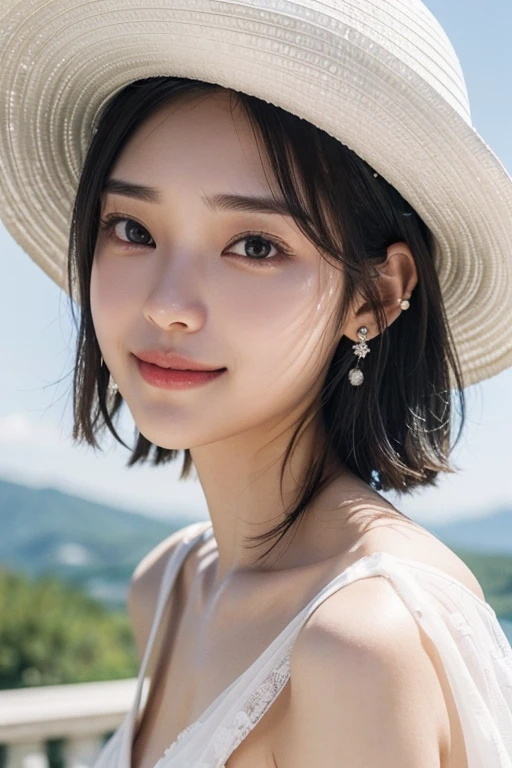 (22 year old Japanese beautiful girl,), (Small breasts:1.5,),(solo,Textured skin, Detailed skin,Detailed face,Detailed eyes,detailed posing,Natural eyebrows,High detail, Highest quality, Super detailed, Surrealism, ,8k,RAW Photos,Photographicism,Professional Lighting,Ray Tracing,Aperture F1.2,Portrait Photography,Natural Light),(((Black Hair, Natural Makeup,Simple earrings,Medium Hair, smile,White dress,white big hat))),(((Summer resorts on the plateau,Walking)))