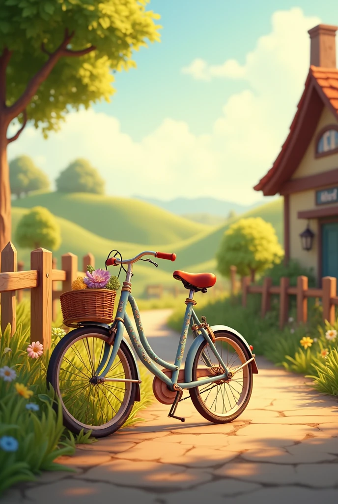 A bicycle parked on the roadside，Disney style，early morning