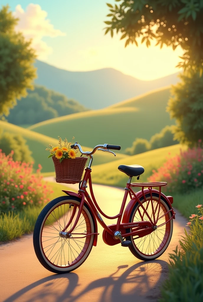 A bicycle parked on the roadside,Disney style,early morning