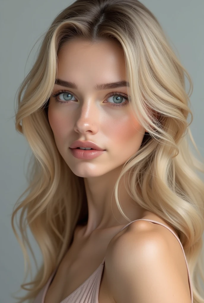 Create a realistic portrait of a 21-year-old woman with bright blue eyes and silky blonde hair. She has smooth, flawless skin, pronounced cheekbones, and pink lips. Her expression is charismatic, exuding confidence and charm. The hair should appear glossy and well-maintained, framing her face in a natural, graceful manner.