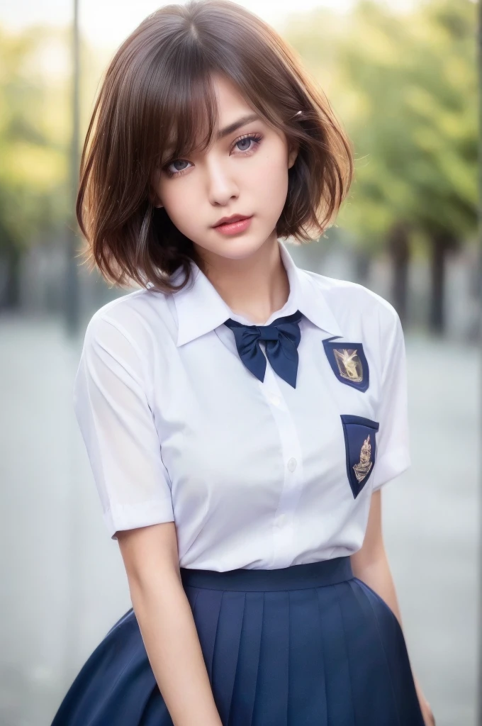 photo, (school uniform:1.4), (schoolyard:1.2), a photorealistic portrait of a stunningly beautiful woman with detailed make-up, extremely detailed eyes, detailed symmetric realistic face, extremely detailed natural texture, messy hair, masterpiece, extremely detailed, (school uniform:1.3), (schoolyard:1.5), amazing, fine detail, rich colors, hyper realistic lifelike texture, dramatic lighting, trending on artstation, looking at the viewer, photo realistic, RAW photo, white hair, (short hair:1.3), high quality, sharp focus, extremely detailed, cinematic lighting, 8k uhd, ab, Best quality, masterpiece, ultra high res, (photorealistic:1.4), 1girl, shiny skin, Best quality, masterpiece, ultra high res, (photorealistic:1.4), 1girl, deep shadow, shiny skin, Gorgeous 22-year-old girl, short bangs, soft pale skin, 