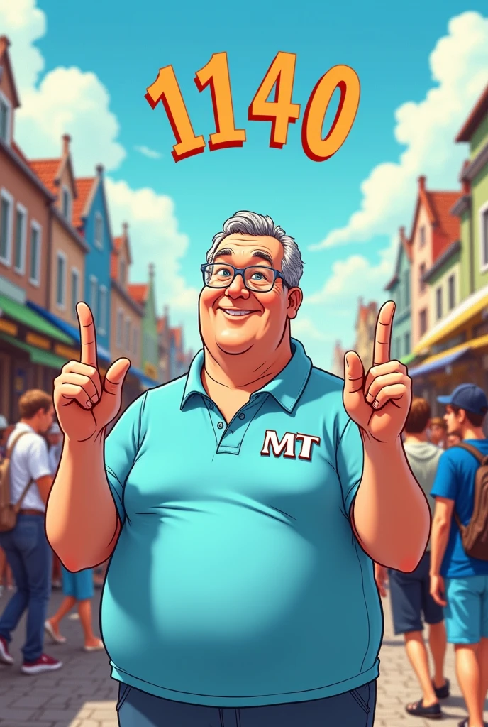 Cartoon de Um homem, looking 50 years old, 80 kilos, in a light blue polo shirt, on the shirt it says MT, The man is in the middle of a crowd,  lifting just one finger on each hand, and a number 11140 in the sky.