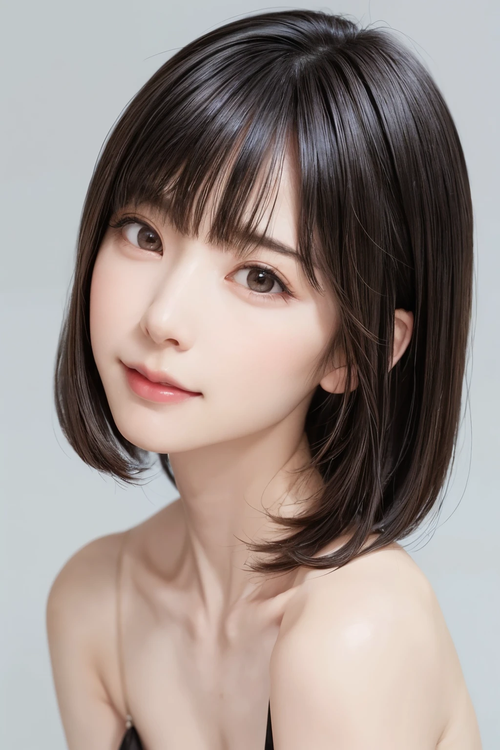 ((masterpiece, Highest quality, High resolution、Realisticですべてが美しく詳細に描かれている)), 1 person, (Realistic: 1.4), alone, White Background, snow-White Background, Mouth closed, smile, smile, Beautiful black hair, short hair, Big eyes, Transparent double eyelids, eyelash, Listen carefully, Long neck, 美しくLong neck, Absolute area, ((Face close-up)), (Draw the whole head, shoulder), 1, Attractive proportions, Glowing Skin, Beautiful clavicle, Golden ratio face, Perfect Face, Teardrop-shaped mole, chestのほくろ, bangs, clean bangs, beautiful bangs, Lip gloss, Thin lips, Fair skin, , Big Bge|big|Hugeな|Mega} chest:2, chestの谷間:2,chestの谷間を見せる、Small face, Small face, All the heads are painted, shoulder all drawn, Point slightly above the camera