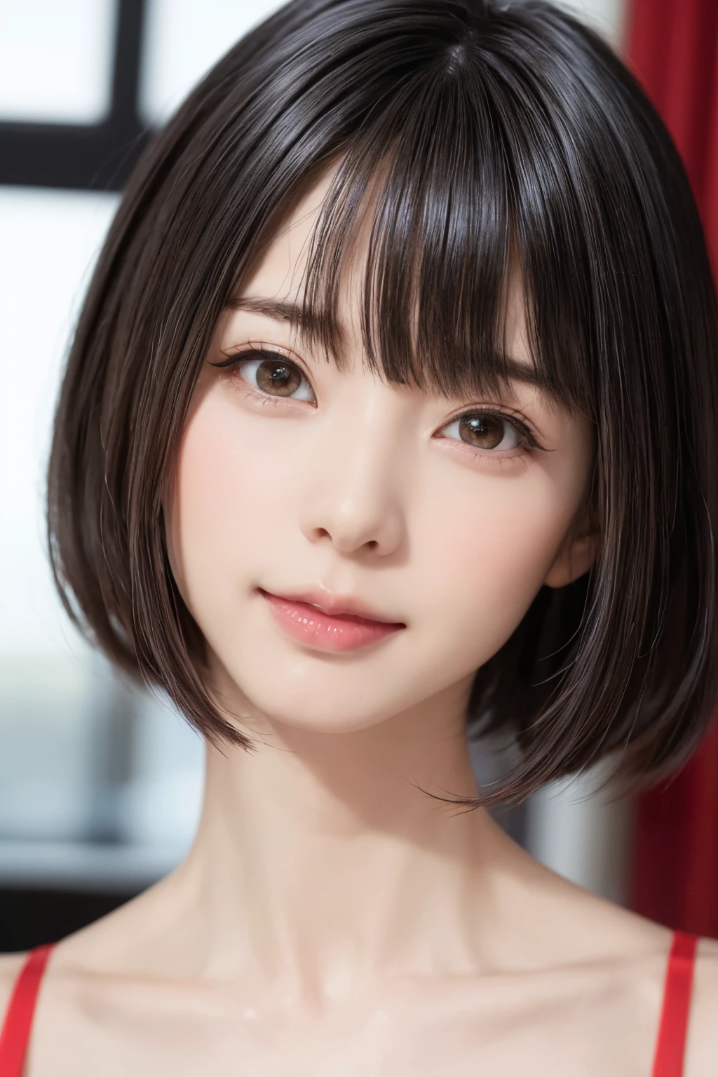 ((masterpiece, Highest quality, High resolution、Realisticですべてが美しく詳細に描かれている)), 1 person, (Realistic: 1.4), alone, White Background, snow-White Background, Mouth closed, smile, smile, Beautiful black hair, short hair, Big eyes, Transparent double eyelids, eyelash, Listen carefully, Long neck, 美しくLong neck, Absolute area, ((Face close-up)), (Draw the whole head, shoulder), 1, Attractive proportions, Glowing Skin, Beautiful clavicle, Golden ratio face, Perfect Face, Teardrop-shaped mole, chestのほくろ, bangs, clean bangs, beautiful bangs, Lip gloss, Thin lips, Fair skin, naked, Big Breasts, {Huge|big|Hugeな|Mega} chest:2, chestの谷間:2,chestの谷間を見せる、Small face, Small face, All the heads are painted, shoulder all drawn, Point slightly above the camera