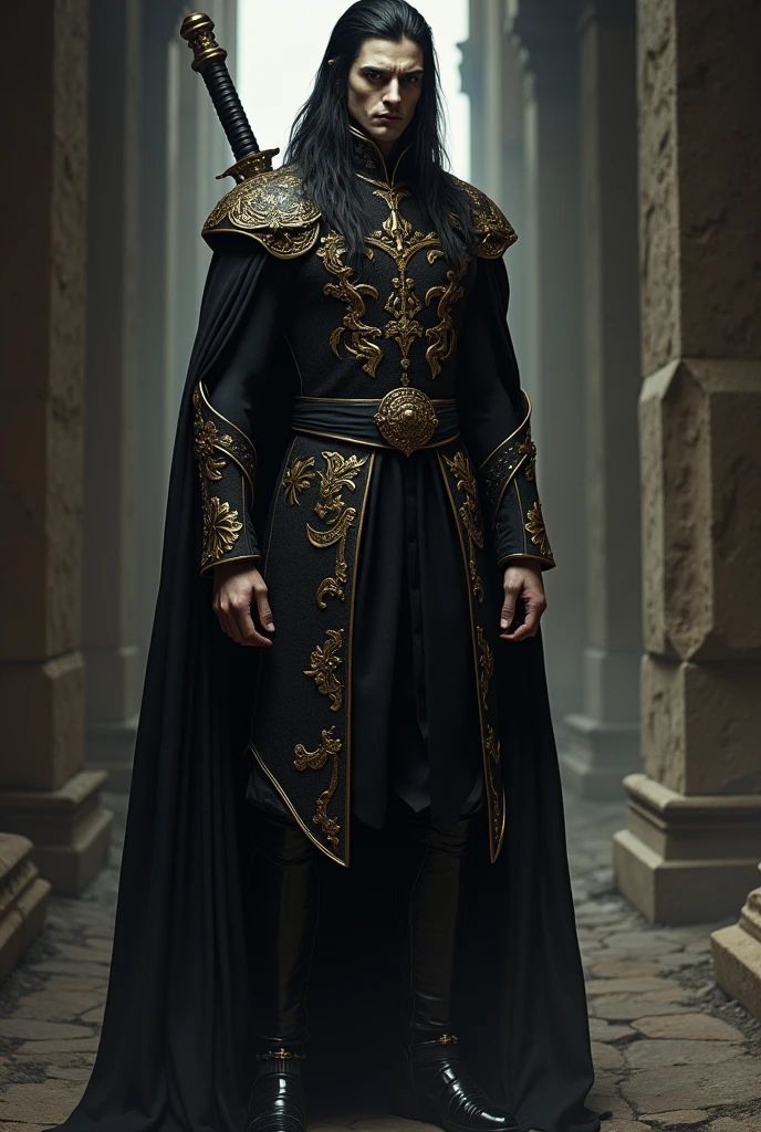 A tall, imposing man with pale skin and finely chiseled, angular features. His long, straight black hair falls elegantly over his shoulders, silky and glossy. He has dark, piercing eyes that exude a cold, calculating presence, framed by defined eyebrows. He wears ostentatious black clothing, intricately detailed with golden embroidery in ornate Orite patterns. He carries a pair of finely ornamented, high-quality daggers at his side, and a matching large claymore strapped to his back. His demeanor is serious and intimidating, with a quiet and commanding presence that suggests both determination and egoism. The background is a dimly lit, ancient fortress, with shadows highlighting his formidable stature.