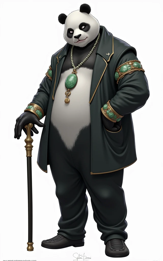 (masterpiece, top quality, best quality, official art,beautiful and aesthetic:1.2),(4k,8k, best quality,masterpiece:1.2),(((white background))), solo,Game character, the panda person, a game character inspired by pandas, wearing a black and white robe, adorned with a jade bead necklace and bracelet, viewed from multiple angles including back view and side view, holding a cane. The structure is clear and accurate, with a modern realistic representation and consistent lighting that looks natural and believable.