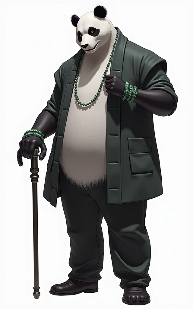 (masterpiece, top quality, best quality, official art,beautiful and aesthetic:1.2),(4k,8k, best quality,masterpiece:1.2),(((white background))), solo,Game character, the panda person, a game character inspired by pandas, wearing a black and white robe, adorned with a jade bead necklace and bracelet, viewed from multiple angles including back view and side view, holding a cane. The structure is clear and accurate, with a modern realistic representation and consistent lighting that looks natural and believable.