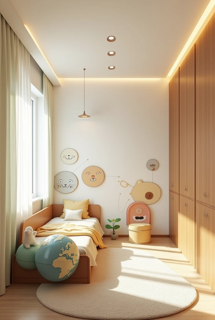 Professional 3d architecture rendering design of modern and   light moss and  so light Thunder and light cream and light orange  wooden   Modern and minimal  design for chid  bedroom  and light  cream   carpet  with animals painting and white painting wall and light wooden closet with animals painting and modern ceiling lighting and modern curtains for chid room and the child bed similar globe and safety chair for chid and many toys 