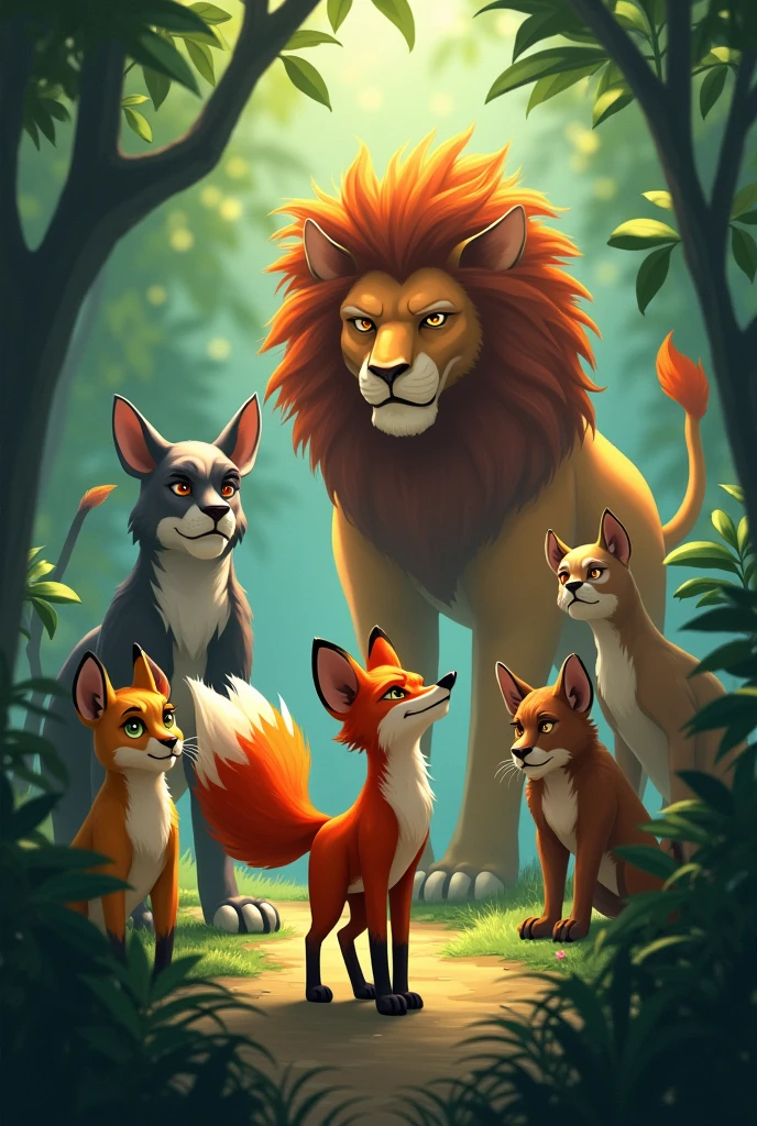 Prompt: "A fox collaborating with other jungle animals to deceive the lion, showing teamwork and strategy."