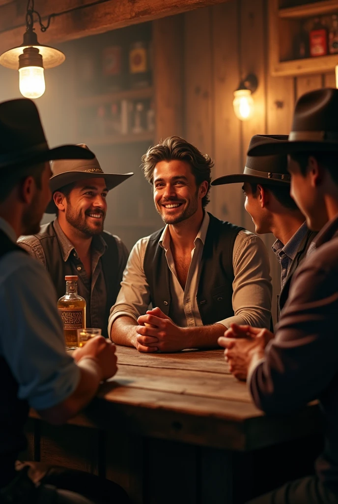A handsome young man flirting with 5 handsome cowboy cowboy bar