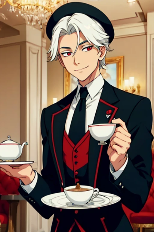 Perfect face. Perfect hands. A young white haired man with red eyes in a butler uniform is serving tea while smiling in a fancy butler cafe