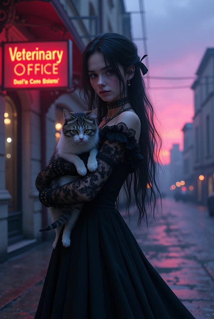 A girl in gothic clothing with a cat in her arms and a veterinary office behind her, Going to shelter the cats that were outside with a purple and blue sunset 