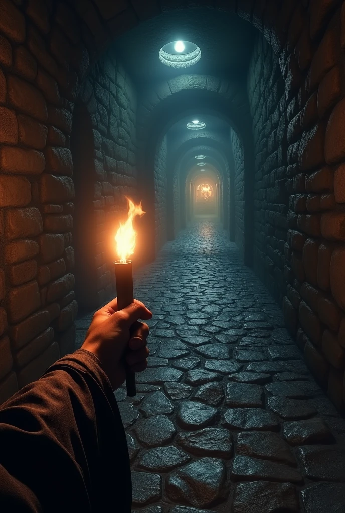Draw a dark dungeon corridor, fancy, RPG, there is a hand as if it were the reader&#39;s hand holding a torch, as if it were a first person game where the player is exploring this dungeon, the corridor is very narrow and dangerous, in front of the player there is a room full of treasures