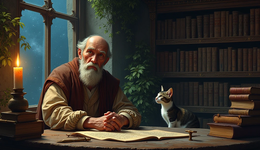Michel Nostradamus in a temple with a table full of books from his time with a candle and a cat on the table, behind a bookshelf full of books and some plants, and he is looking at the starry sky through the window
