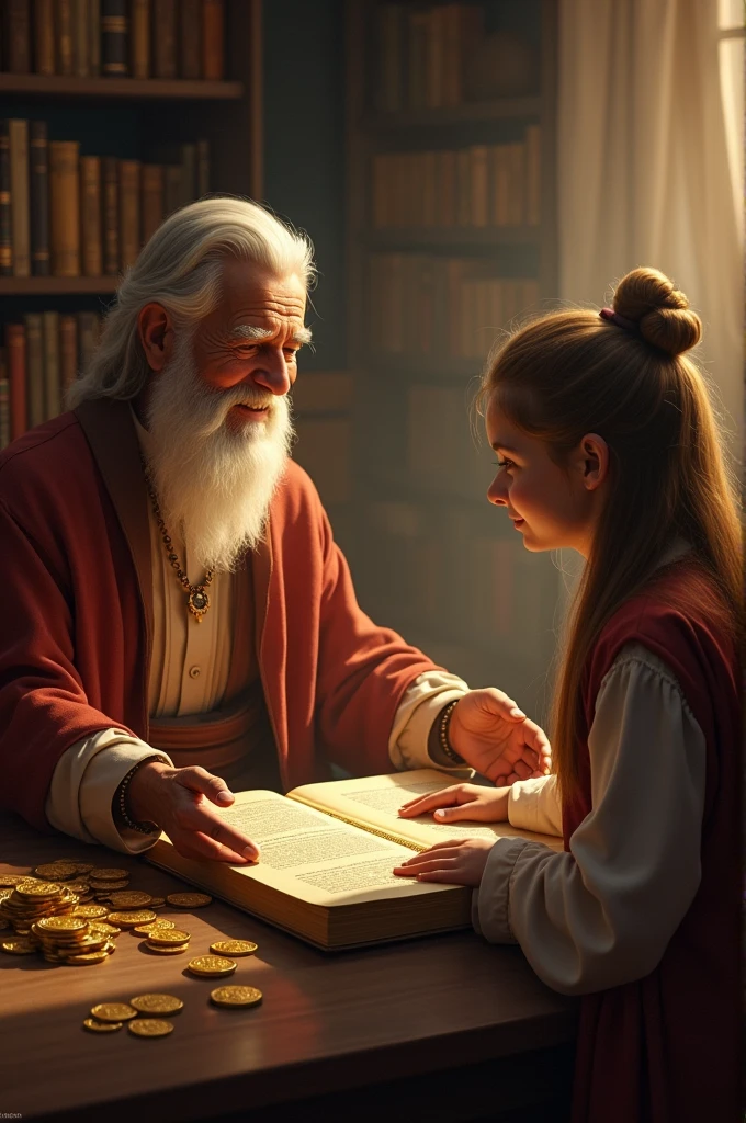 To best describe "Wealth in the Wisdom," imagine an image of an older, wise individual, perhaps a grandparent or parent, sitting with a young adult or . The elder is handing over a book or scroll filled with knowledge, symbolizing the transfer of wisdom. Surrounding them, you see subtle symbols of wealth, like a treasure chest or gold coins, but the focus is clearly on the exchange of knowledge, with a warm, golden light highlighting the connection between them. This visual emphasizes that true wealth is found in the wisdom being passed down, rather than just material riches.