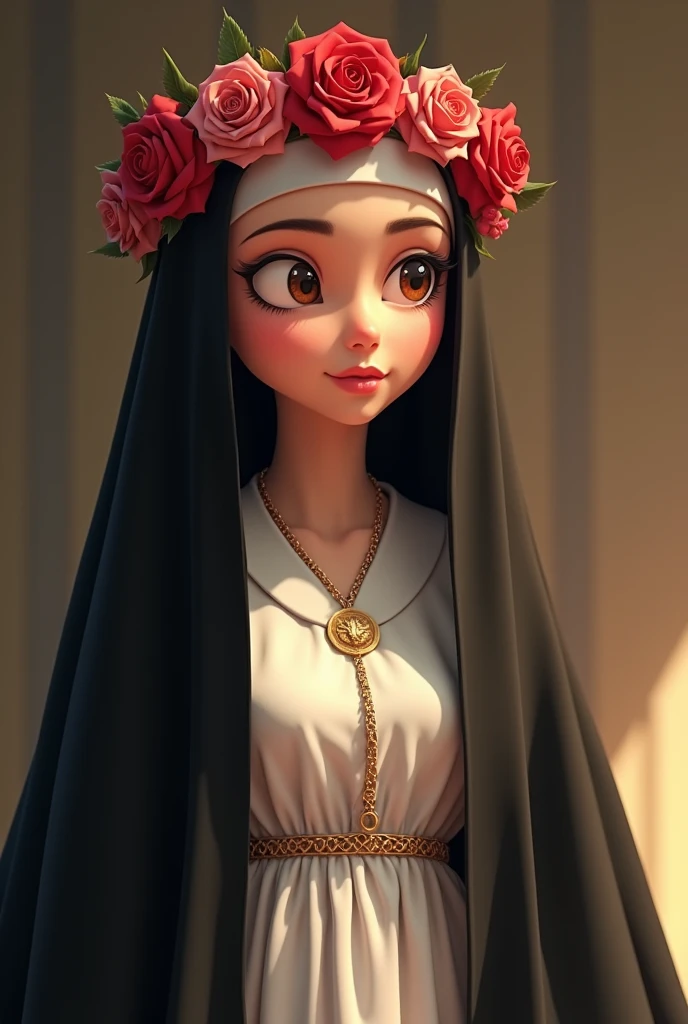 Animated Santa Rosa de Lima add a black cloak, put more roses on her, put a white dress and a black cloak on her like a nun, put a headband of roses on her, make her more adult, MORE SERIOUS AND SHE LOOKS MORE LIKE A NUN, FRIEND, NOT SO SERIOUS, not so young, but like a teenager, and with more roses and she looks like a nun, not so old, but more like a teenager.