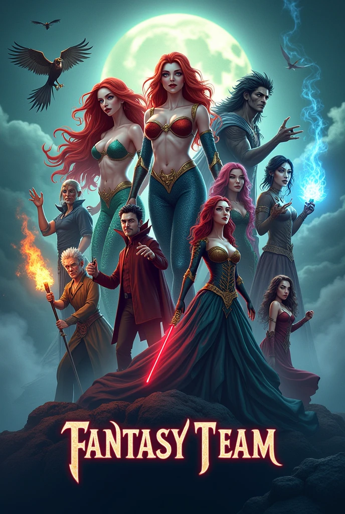 Cartoons of mythical beings: mermaids and sirens,hadasy hados,Vampires ,zombie and demons ,and wizards on a movie poster that says fantasy team