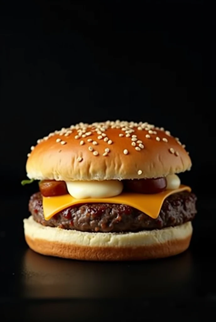 a burger with a sesame seed bun, just a burger and a slice of cheddar cheese, without lettuce and tomato and with mayonnaise the image needs to have a black background and the photo needs to be a little amateur, like a restaurant itself