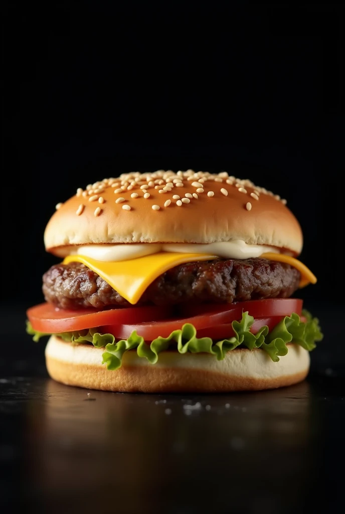 a burger with a sesame seed bun, just a burger and a slice of cheddar cheese, without lettuce and tomato and with mayonnaise the image needs to have a black background and the photo needs to be a little amateur, like a restaurant itself