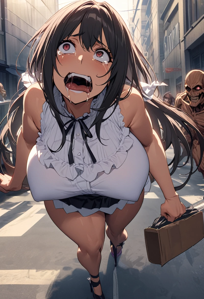 (Attack on Titan) An enormous titan woman (cute maniac face extra huge mouth, dark hair, small pot belly, big butt, painted toe nails) merrily stomps down the streets of Tokyo, she has her mouth open and drooling. The woman (cute, miniskirt, airy blouse, high heels) she wants to eat has fallen and twisted her ankle and is now sobbing on the street. Came is low at the victim looking up at the hungry Titan