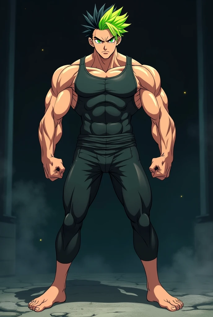 anime boy, stocky body, authoritarian gaze, black and neon green fade hair, jungle green eyes, serious expression, Whole body, fully side view, anime style, dramatic lighting, dynamic pose, extended arm, Tense muscles, tight sportswear, barefoot, heels slightly raised