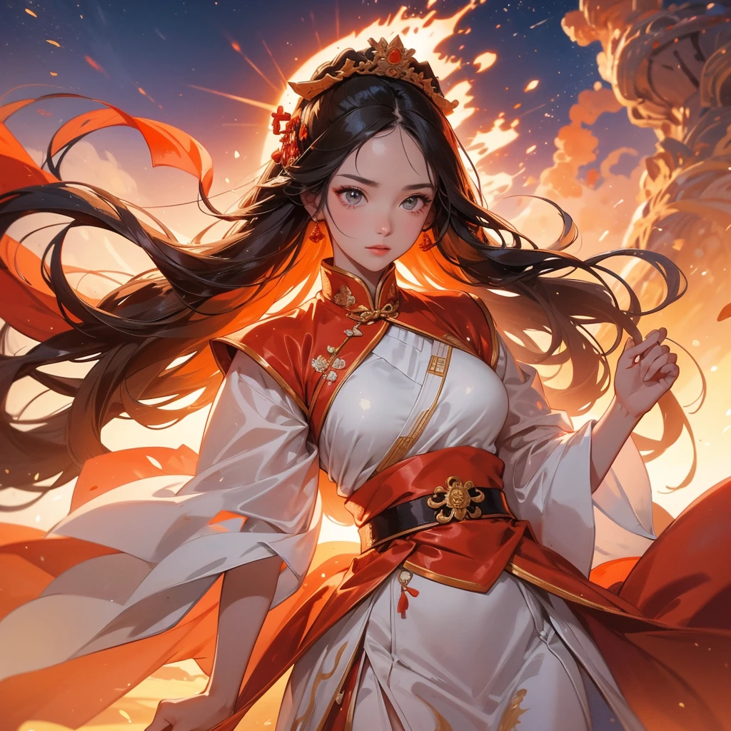 A beautiful female general holding a large spear in white ancient Chinese general costume, Surrounded by a volcano erupting, red and orange, surrounded by volcanic rocks, sunset, close up.