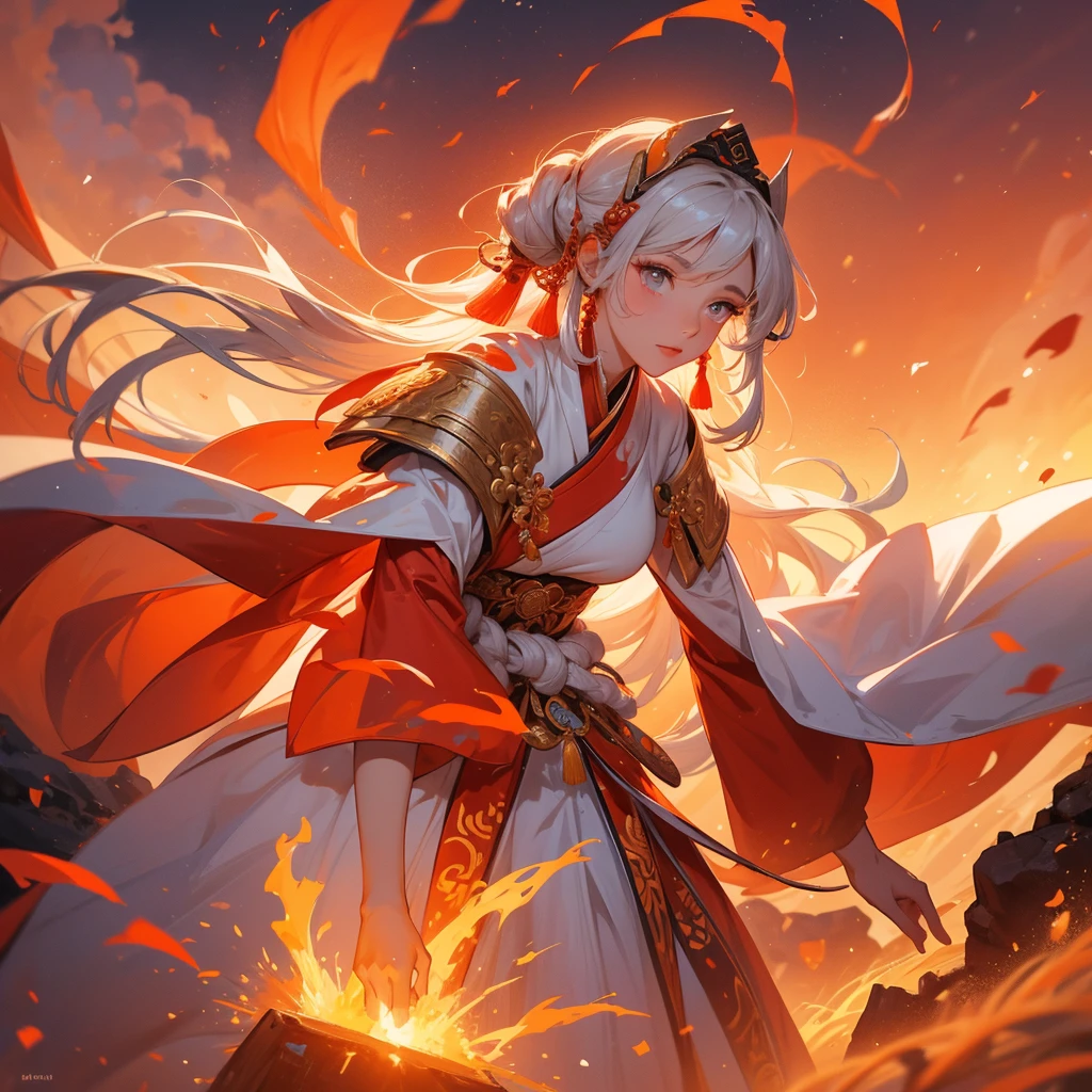 A beautiful female general holding a large spear in white ancient Chinese general costume, Surrounded by a volcano erupting, red and orange, surrounded by volcanic rocks, sunset, close up.