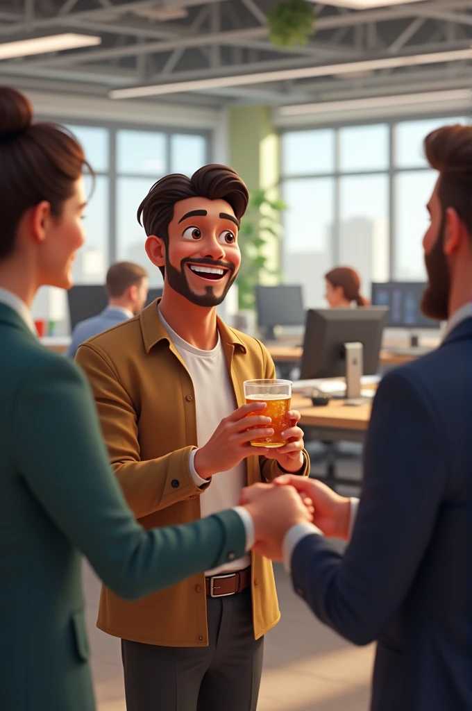 Juan in his office with a smile, celebrating with a partner